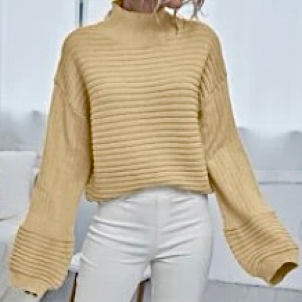 High Neck Drop Shoulder Rib-knit Sweater